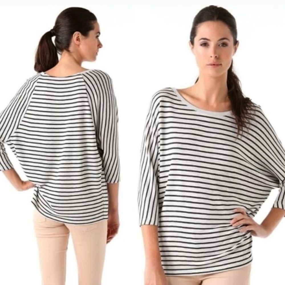 Vince Striped Boat Neck Preppy Top 3/4 Sleeve Casual Classic Grey/Blk SZ S - Picture 2 of 8